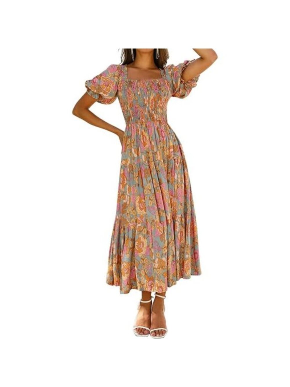 Women's Summer Boho Floral Print Square Neck Ruffle Swing Beach Long Maxi Dress